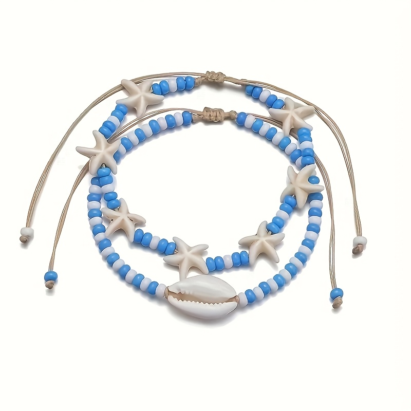Nautical Beaded Anklet Set Glass Beads Round Spacer Stackable Foot Jewelry